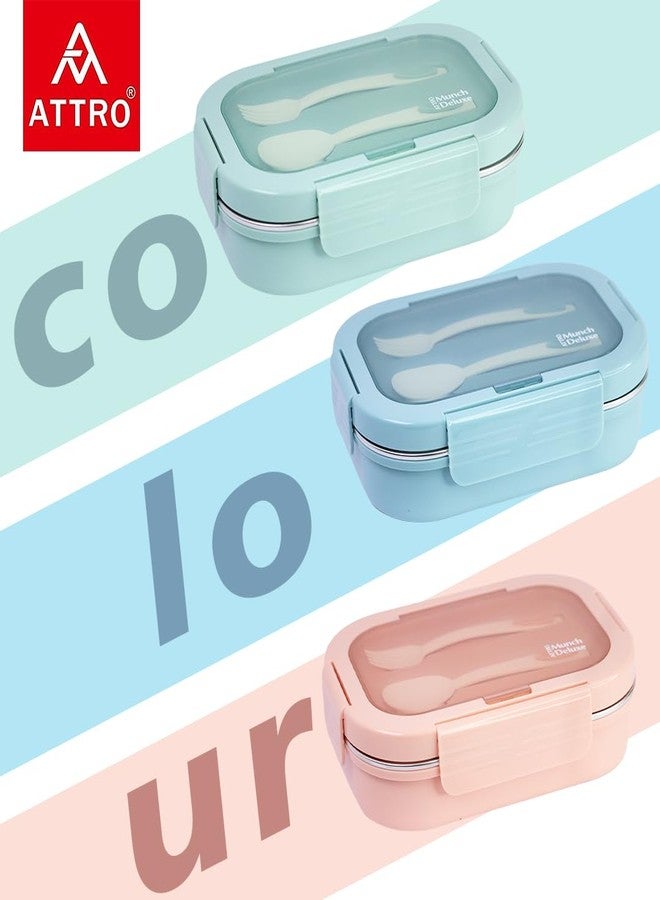 Attro Munch Deluxe Insulated Lunch Box with 3 Compartments 2 Spoons & Stylish Lid Made with Heavy Outer Platic Material Bpa Free Inner with Steel,Perfect for School,Office-Lake Blue - 750 Ml - Image 2